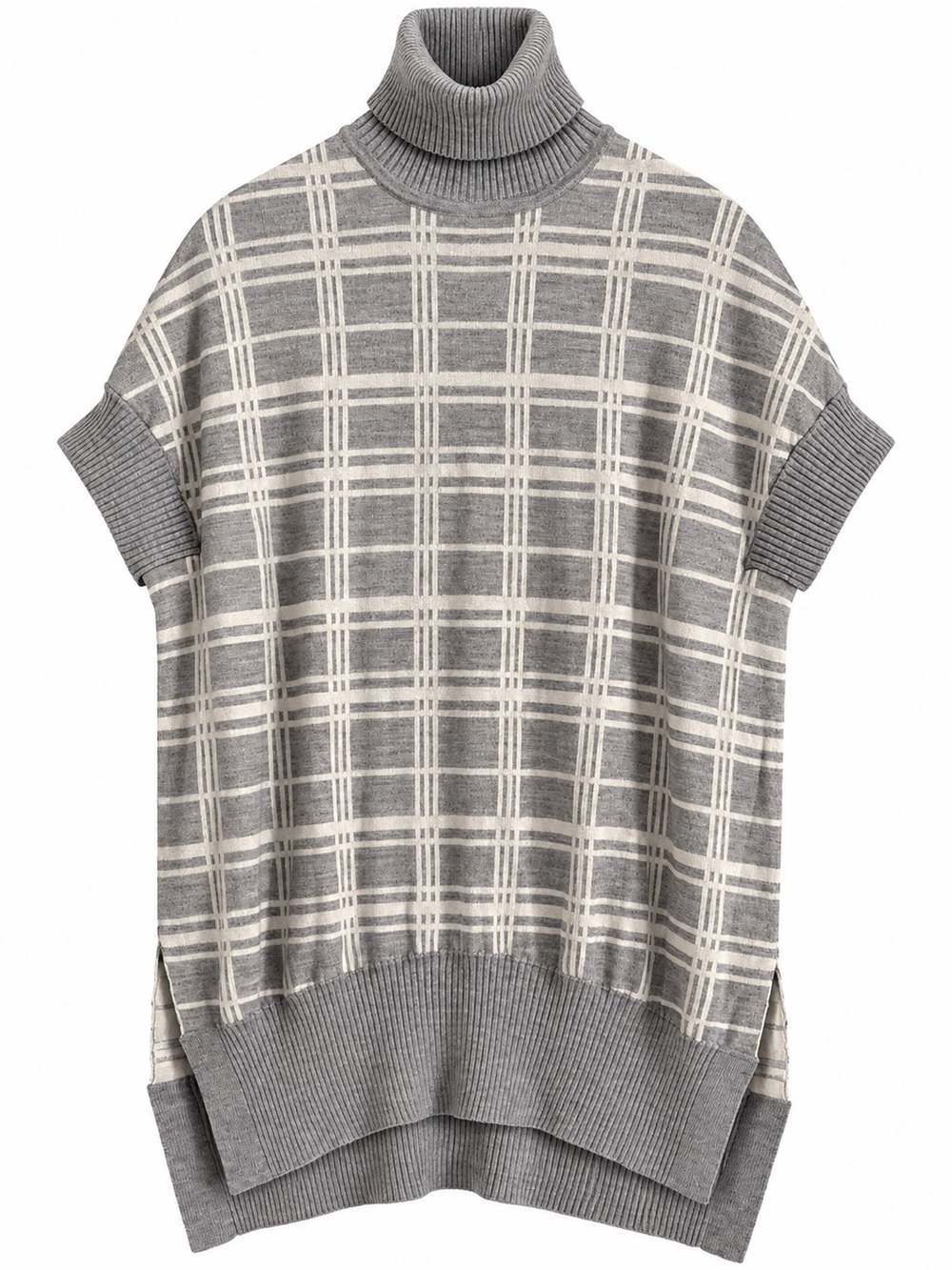Karen Millen Grey and Cream Plaid Turtleneck Short-Sleeve Sweater